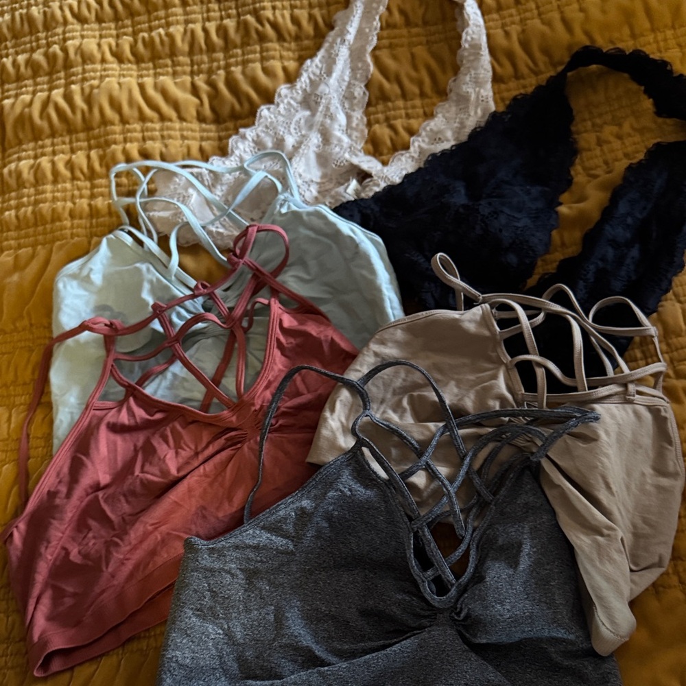 Women's Lace and Strappy Bralette Set - Black, White, Blue, Pink, Tan, Gray